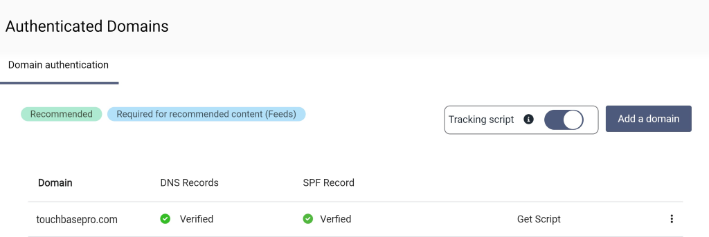 Authenticated Domains  Domain authentication  Recommended  Domain  touchbasepro.com  Required for recommended content (Feeds)  DNS Records  Verified  SPF Record  e  Verfied  Add a domain  Get Script
